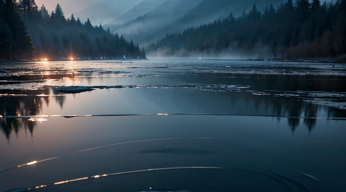 A lot of rain falling on the mirror-like surface of the water, several ripples on the surface of the water, it keeps falling, (Photographic, Best Quality, High Quality, Highres:1.4), Detail, Highly Detailed, Ambient Soft Lighting, 4K, Background, Field of View Depth,