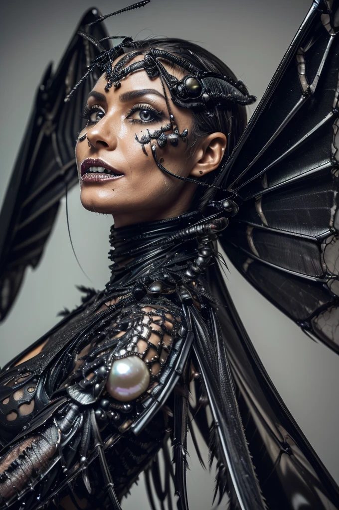 Woman,(wings),((black oil insectoid skin)), ((thin bat style skin with veins for wings)),((very detailed wings and eyes) ,((killer insect)),((hyperdetailed organic metal infused wings)), (broken parts),(open wires in skin) ,((hyperdetailed elaborate circuits)), ((pearl compound eyes)), ((epic space scenery)), ((evil and grotesquely built body and wings)),dripping black fluids. (scary metal teeth) metal insect hairs, dynamic angle shot, very artistic