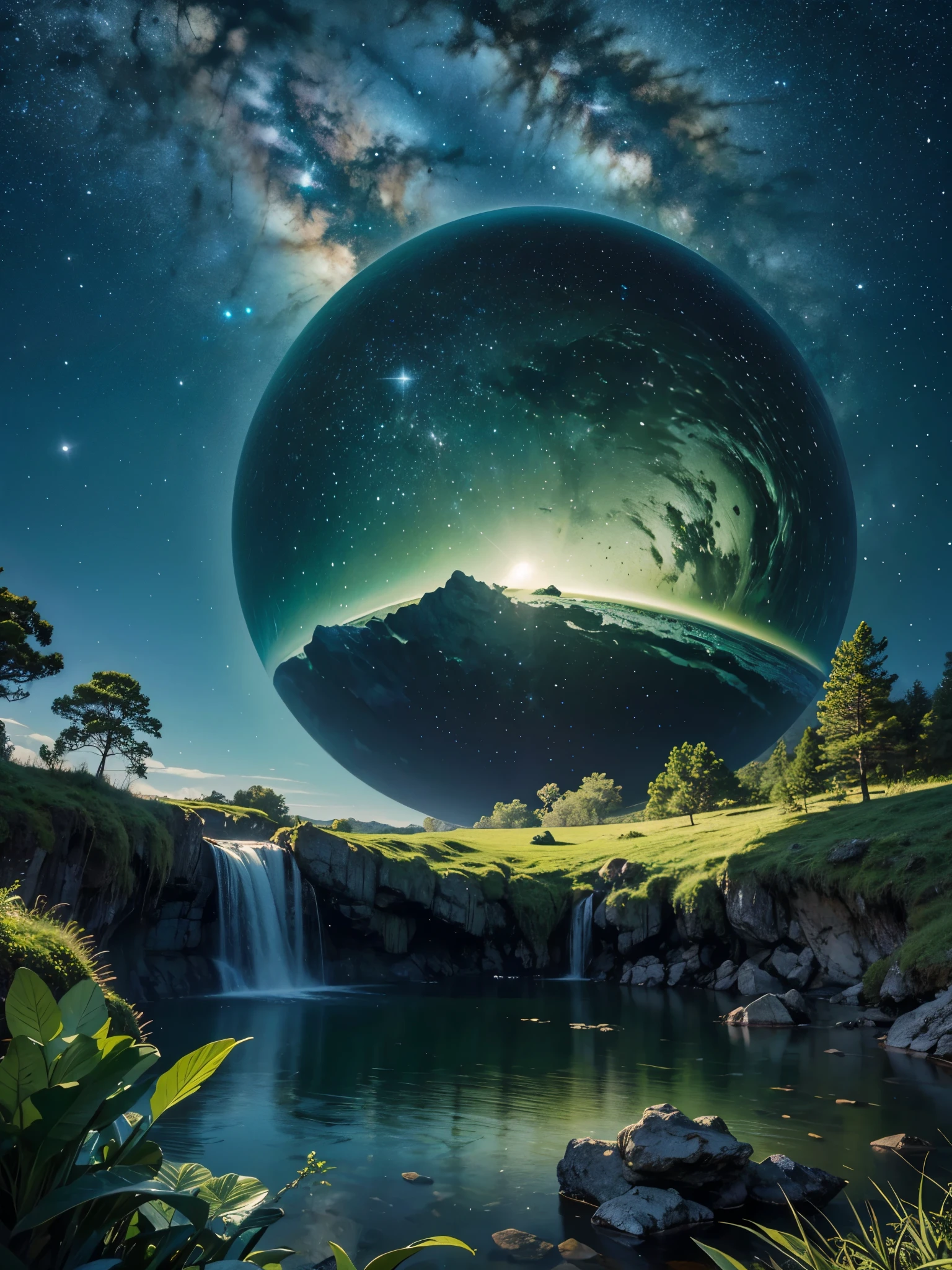 uma garrafa colossal que continha um lago majestoso ,  cena muito alta qualidade e muito detalhada , octane rendering, starry sky , sonhos , Lua verde gigante , Heaven&#39;s Vault , Inspiration, imagination  