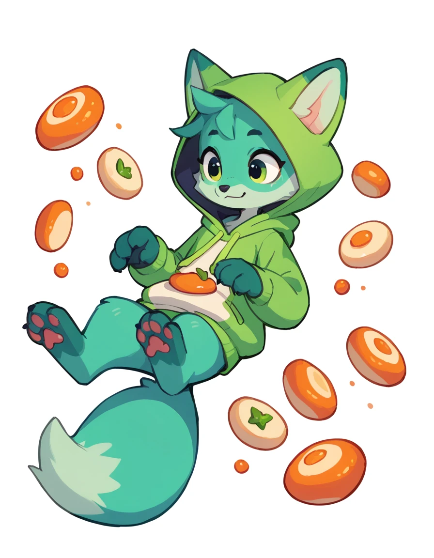 The Q version of the cute green fox，white background, hoodie, paws, beans