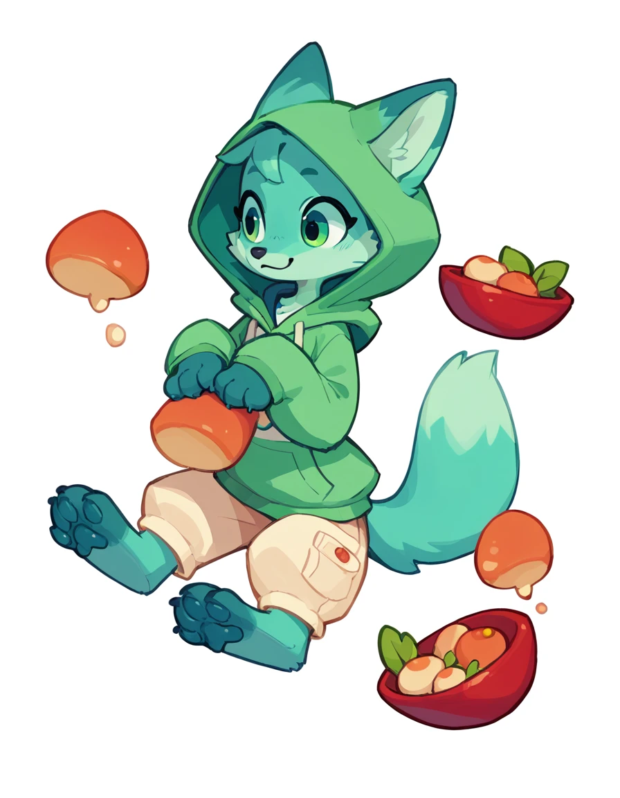 The Q version of the cute green fox，white background, hoodie, paws, beans