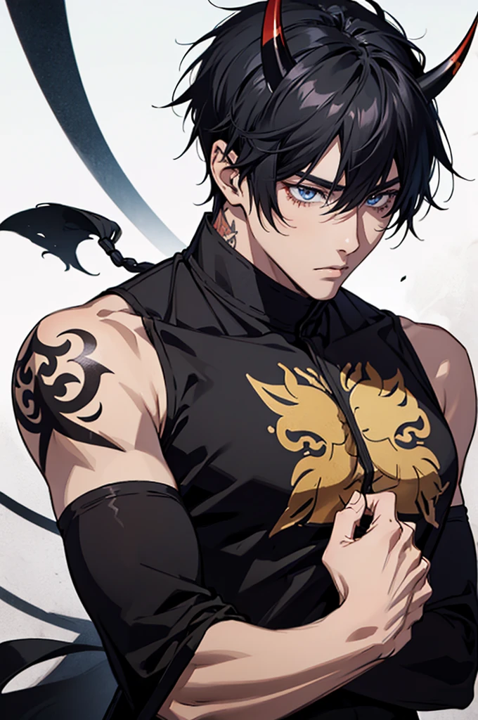 anime, male, muscular, tattoos, two black horns protruding from hair, golden eyes, bangs, beautiful, handsome japanese demon, detailed digital anime art, short black hair in the undercut style, male anime character, inspired by tite kubo, mid 20s, masterpiece, light pencil strokes, broad shoulders, arms crossed, sharp black nails, black tank top, sweatpants, modern day clothing