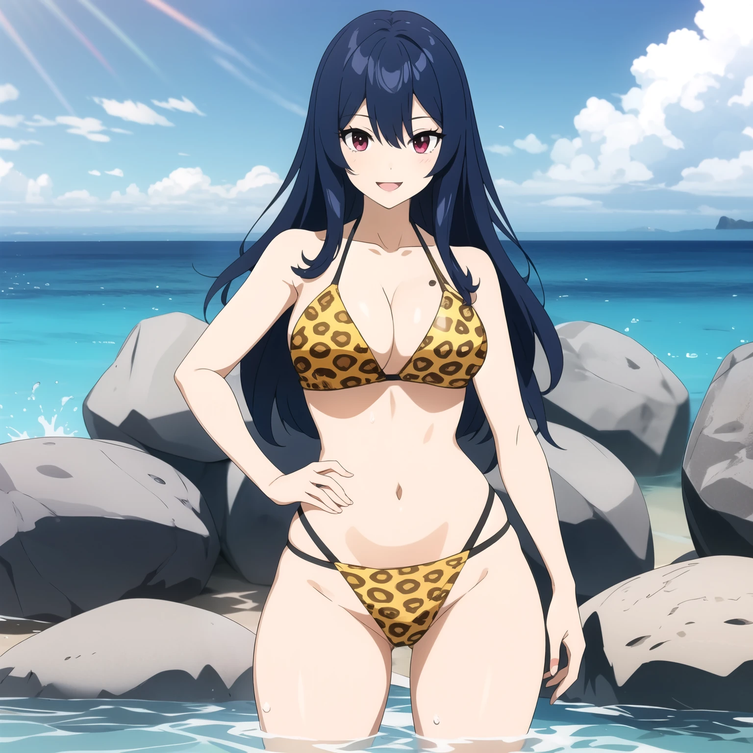 25 year old woman blue hair, pelo azul, red eyes like rubies, pechos grandes, yellow leopard bikini, fondo una playa . cuerpo mojado, gotas de agua en su pecho. pechos grandes,  sonrisa feliz. manos detras de la cabeza. cuerpo completo. rubor cuerpo mojado, cabello mojado , manos perfectas. manos perfectas.  cinco dedos en cada mano.1 sola mujer. solo una chica, mujer sola.