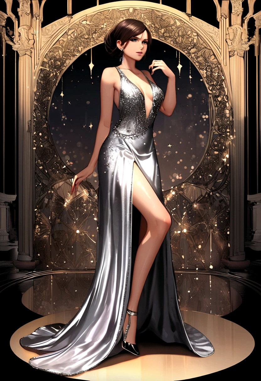 

Lara Croft from the game Tomb Raider in a silver sequinned evening dress and she wears a pair of open toe heels with a beautiful black patent