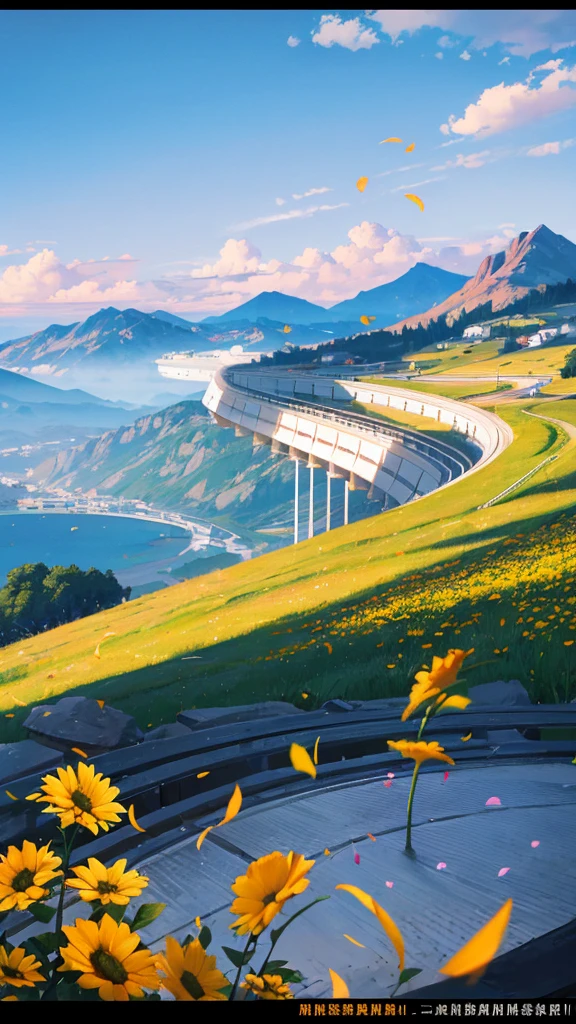 (best quality:1.4),(Best results:1.4),(Ultra-clear picture quality:1.4),(Ultra-sharp details:1.2),Summer solstice poster,summer,highway,Sunlight,hillside,Flowers,Distant Mountains,Skyline,Blue sky,