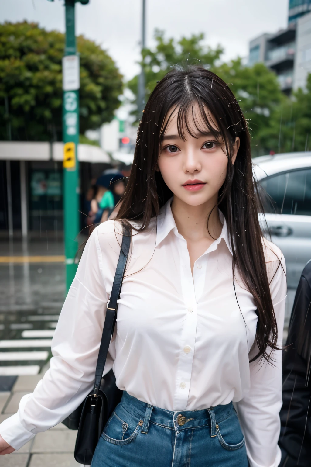 highest quality、High resolution、8k、Realistic、Beautiful Eyes、Detailed face、
Bust up from the front、
Japanese、Japanese Idols、My whole body is wet、Plump woman、20-year-old、Straight Long Hair、bangs、
Natural color lip、Natural Makeup、very cute、business suit、(tight button shirt)、office lady、pants、 Narrow waist、
(rain:1.5)、In town、pedestrian traffic、