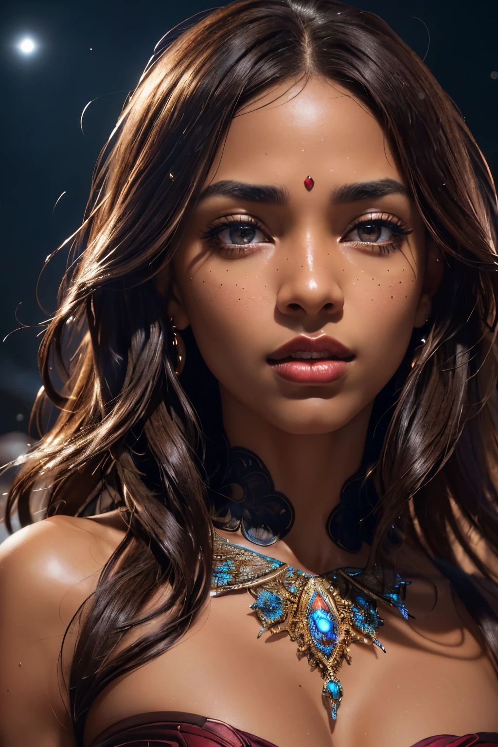 portrait shot, ((vivid brown hair)), mature black woman, 30 years old, diamond face, moonlight, red starry sky background, depth of field, magic, big red lips, ((dark black eyes)) black and red long and full dress, covered chest, mystical atmosphere, ominous shadows, Intense blue aura, Intense red aura (best quality:1.2), absurdres, intricate details, (highly detailed skin:1.2), smile expression, posing, taut and well defined body, attractive. Highly realistic, brown skin, beautiful, hyperrealism, skin very elaborated, direct gaze, (RAW, analogue, Nikon Z 14mm ultra-wide angle lens, award-winning glamour photograph, ((best quality)), ((masterpiece)), ((realistic)), skin pores, subsurface scattering, high-res, detailed facial features, high detail, sharp focus, smooth, aesthetic, extremely detailed, (extremely detailed eyes, extremely detailed iris), extremely detailed hair, extremely detailed skin, extremely detailed clothes, octane render, photorealistic, realistic, post-processing, max detail, realistic shadows, roughness, natural skin texture, real life, ultra-realistic, photorealism, photography, 8k UHD, photography, hdr, intricate, elegant, highly detailed, sharp focus, stunning, beautiful, gorgeous), realistic, masterpiece, highest quality, movie still, cloud girl, floating in the sky, (close-up:1.1), medium breast, bright, happy, fun, soft lighting,
