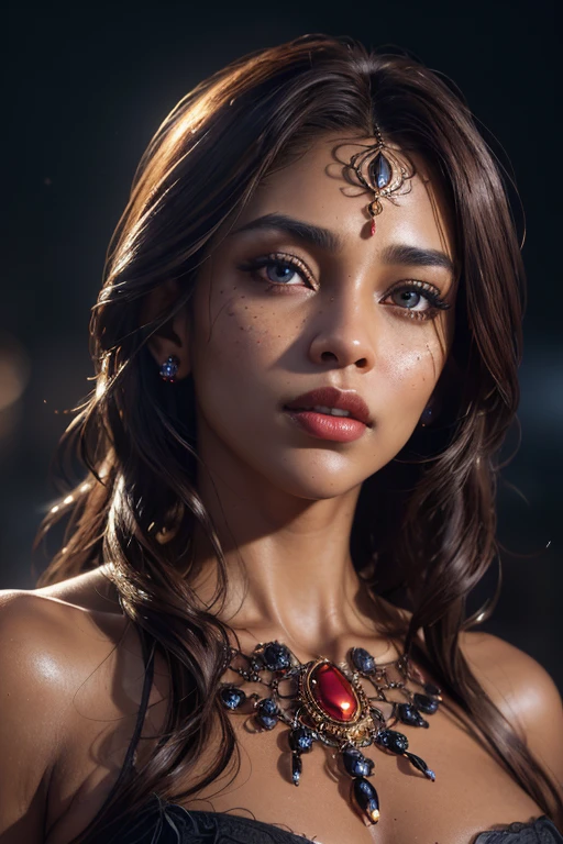 portrait shot, ((vivid brown hair)), mature black woman, 30 years old, diamond face, moonlight, red starry sky background, depth of field, magic, big red lips, ((dark black eyes)) black and red long and full dress, covered chest, mystical atmosphere, ominous shadows, Intense blue aura, Intense red aura (best quality:1.2), absurdres, intricate details, (highly detailed skin:1.2), smile expression, posing, taut and well defined body, attractive. Highly realistic, brown skin, beautiful, hyperrealism, skin very elaborated, direct gaze, (RAW, analogue, Nikon Z 14mm ultra-wide angle lens, award-winning glamour photograph, ((best quality)), ((masterpiece)), ((realistic)), skin pores, subsurface scattering, high-res, detailed facial features, high detail, sharp focus, smooth, aesthetic, extremely detailed, (extremely detailed eyes, extremely detailed iris), extremely detailed hair, extremely detailed skin, extremely detailed clothes, octane render, photorealistic, realistic, post-processing, max detail, realistic shadows, roughness, natural skin texture, real life, ultra-realistic, photorealism, photography, 8k UHD, photography, hdr, intricate, elegant, highly detailed, sharp focus, stunning, beautiful, gorgeous), realistic, masterpiece, highest quality, movie still, cloud girl, floating in the sky, (close-up:1.1), medium breast, bright, happy, fun, soft lighting,