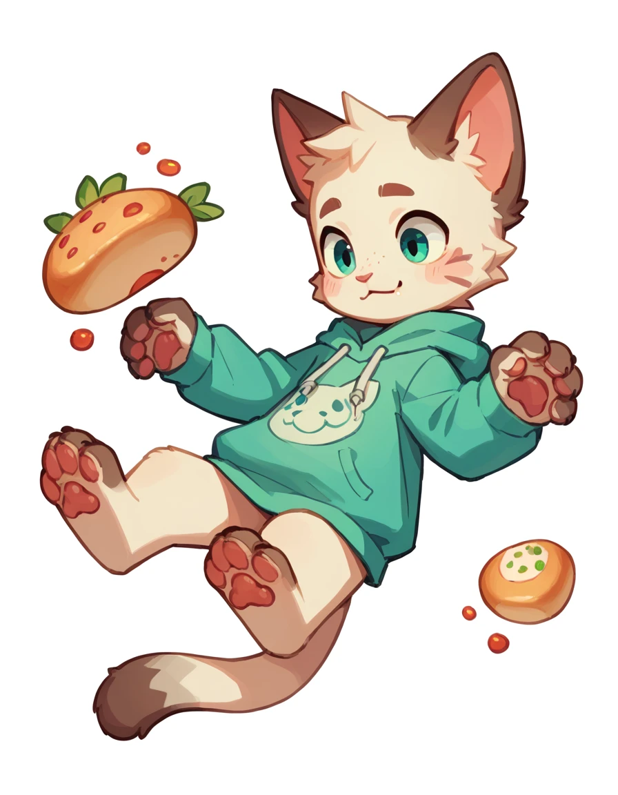 The Q version of the cute cat boy grooming himself，white background, hoodie, paws, beans