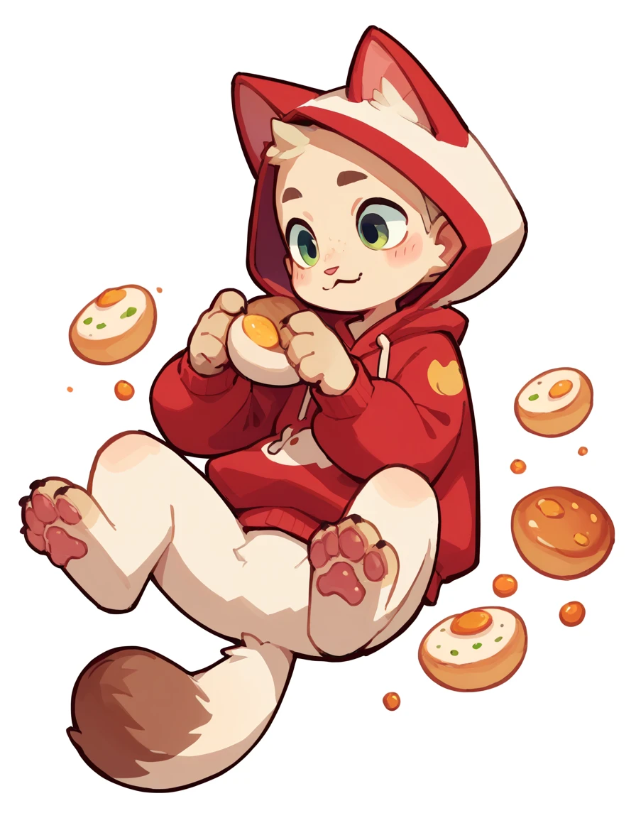 The Q version of the cute cat boy grooming himself,white background, hoodie, paws, beans