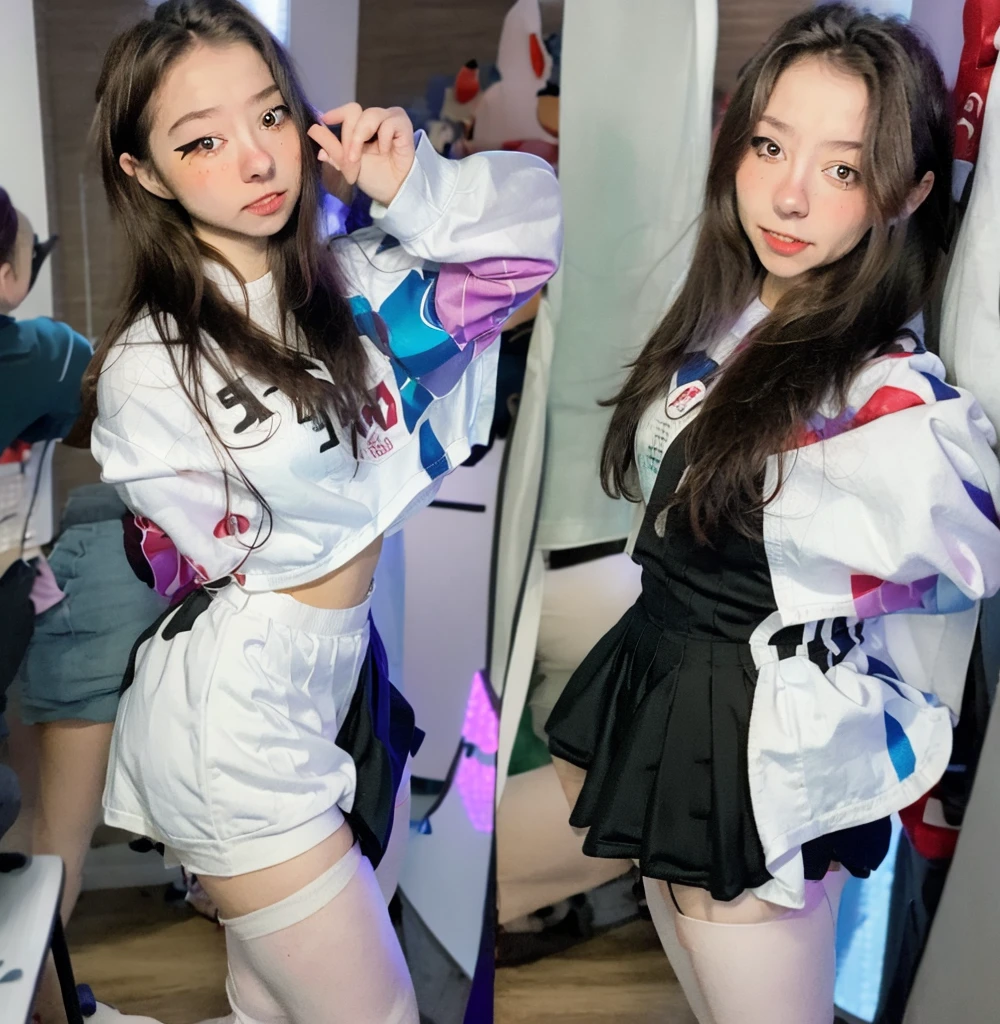 1 girl, mictia, streamer, twitch, photorealistic:1.4, 8k, masterpiece, best quality, detailed face:1.5, original, high resolution, unparalleled masterpiece, ultra realistic 8k, perfect artwork, perfect female figure, detailed skin, epic realism, short top, miniskirt, full body, body paint,una mujer, detallado,full body, maquillaje,