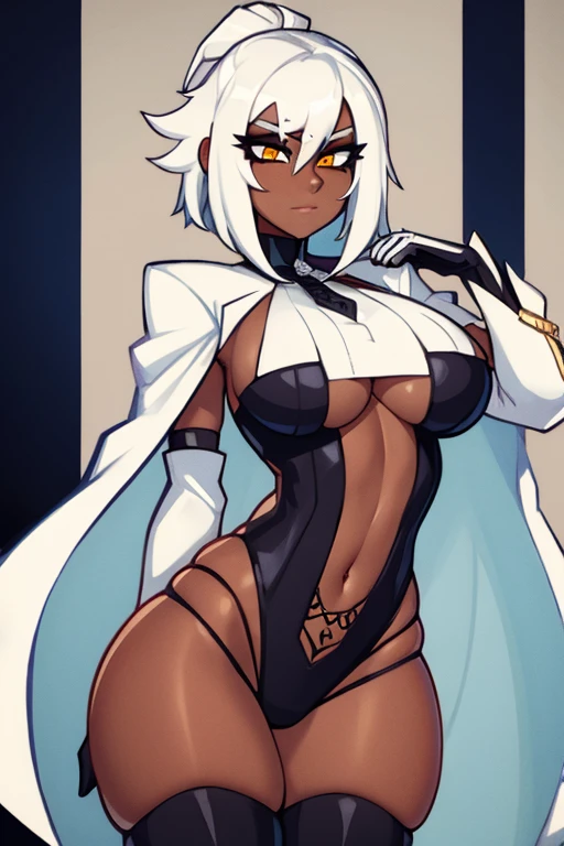 Busty girl with white hair and black ebony skin in exotic clothing