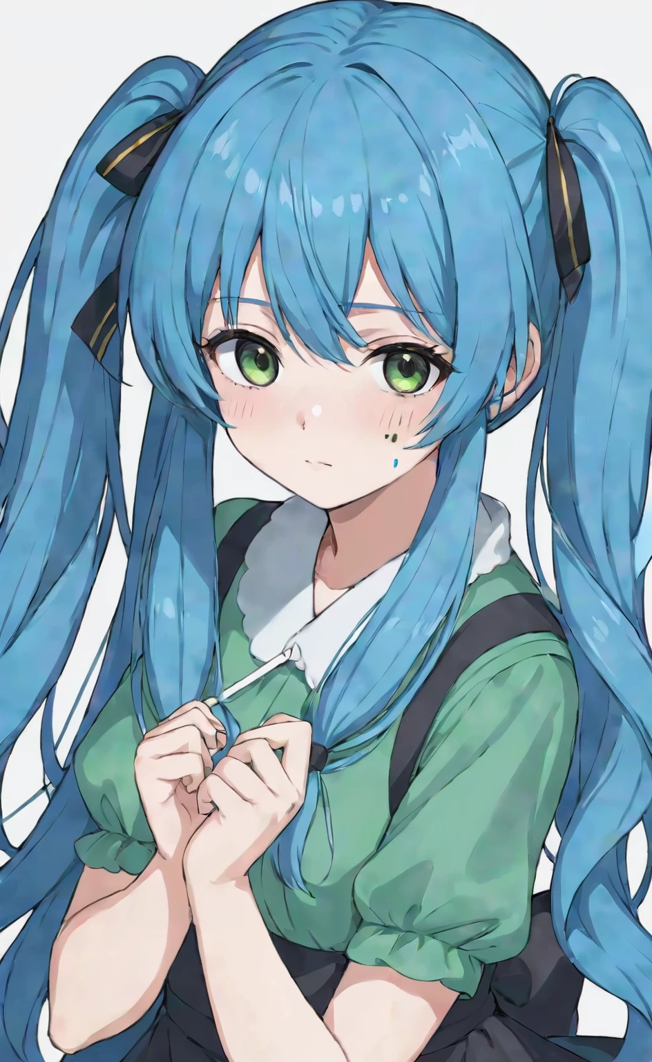 There are lots of dark brown band-aids on his face.、Blue long hair、Anime girl with twin tails hair, black eyes and green dress, ライトBlue long hairのpretty girl,Cute realistic portrait, pretty girl, Anime Moe Art Style, 