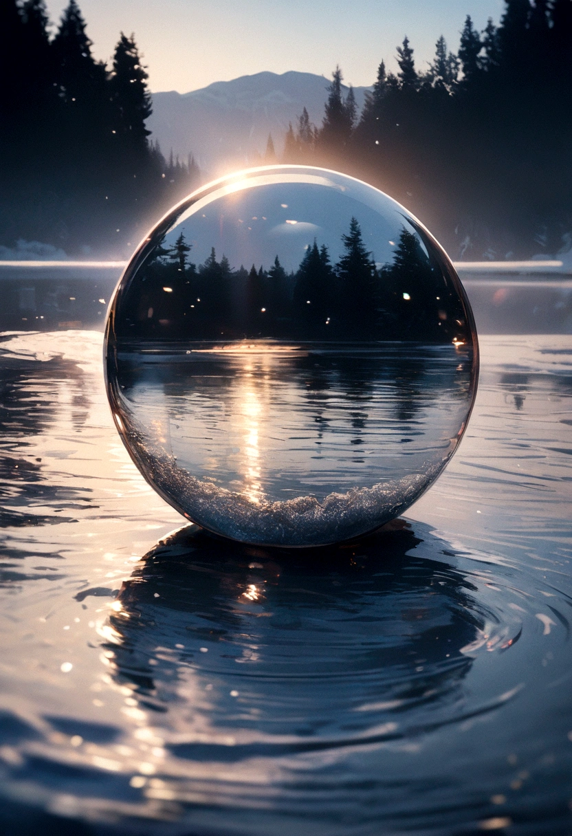 (A glass sphere depicting a soft winter sky over a frozen lake:1.2), (Silk glass sphere 1.1), Landscape Photography, Unsplash, Extremely detailed, High detail, Analog Film, Analog Lighting, nature光, 4k photos, 8k photos, ハイパーrealism, Impressionism, Romanticism, Conceptual Art, Surrealism, realism, Cinema Lighting, Shine, Shine光, God&#39;s Rays, Ray Tracing, reflected light, bloom, Film Grain, Optical illusion, Lens flare, Caustics, Exposure, Bokeh, 超High resolution, masterpiece, Super detailed, Attention to detail, high quality, Awards, 最high quality, High resolution, 16k, 8k, 4K, nature