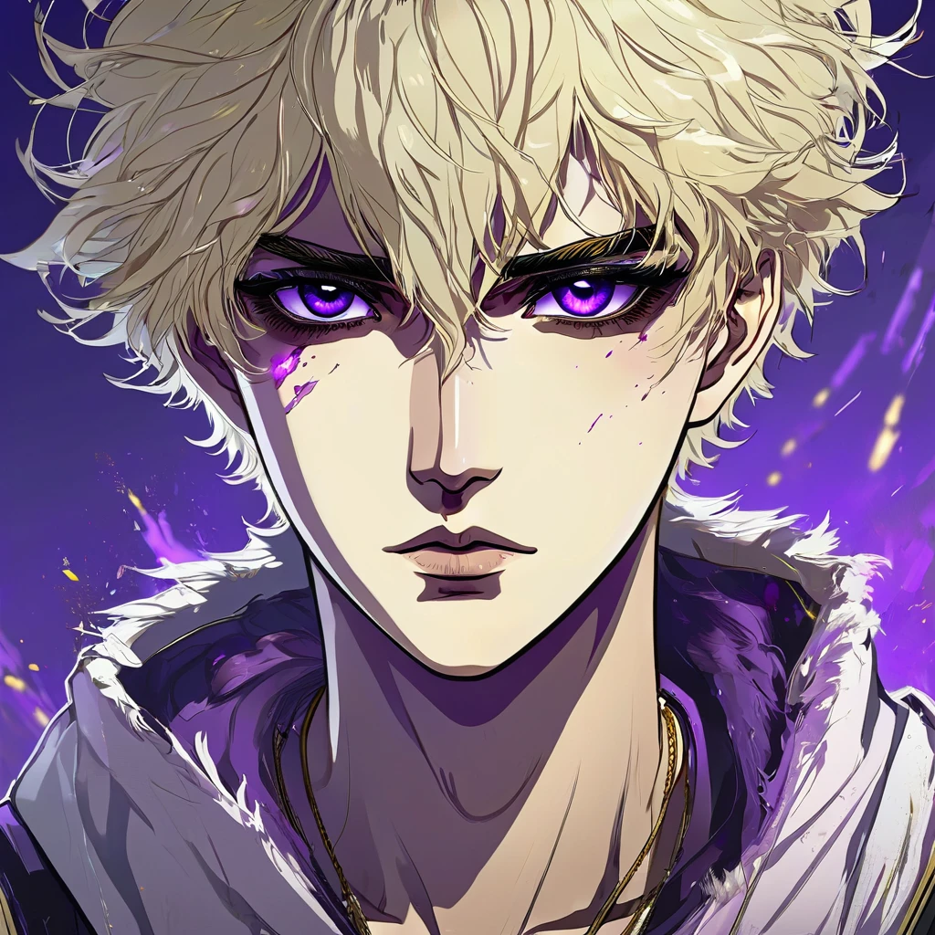 Russian male, one purple eye and the other golden with short, messy hair and pale skin. Anime style.