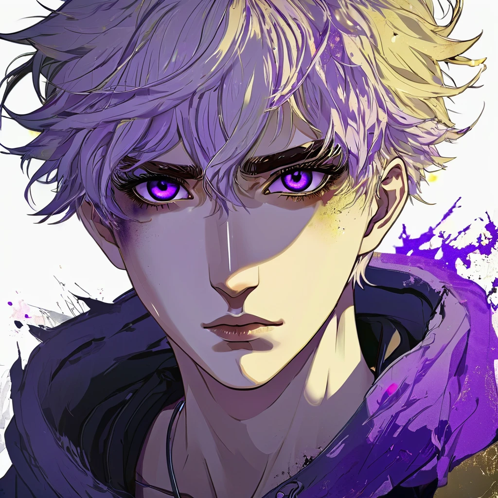 Russian male, one purple eye and the other golden with short, messy hair and pale skin. Anime style. 