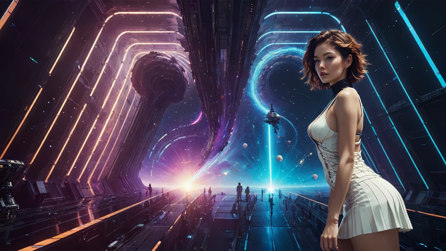 brightly colored abstract image of a space station with a spiral, epic beautiful space scifi, chaotic cinematic space rift, greg beeple, planets colliding, beeple and tim hildebrandt, beeple and jean giraud, end of the universe, galaxy space sci-fi, ringworld, by Mike "Beeple" Winkelmann. Matrix style, (((((Matrix cascading code))))), (((((a futuristic twin tower skyscraper with a unique twisted design))))), (((((OLED GUI interfaces in the building))))), at night, (((((1girl, solo))))), photo realistic, (((large-breast:1.2 slim body, cleavage))), (((off broken mini sling-shirt and black sling bra, extreamly short pleated miniskirt exposing panty))), (((((running pose))))), (((((matrix style black sunglasses))))), ((((((((((aiming with a short gun)))))))))), (((((looking at camera))))), (((very low view))), (((((half-body thigh level medium shot))))), (((cinematic lighting))).