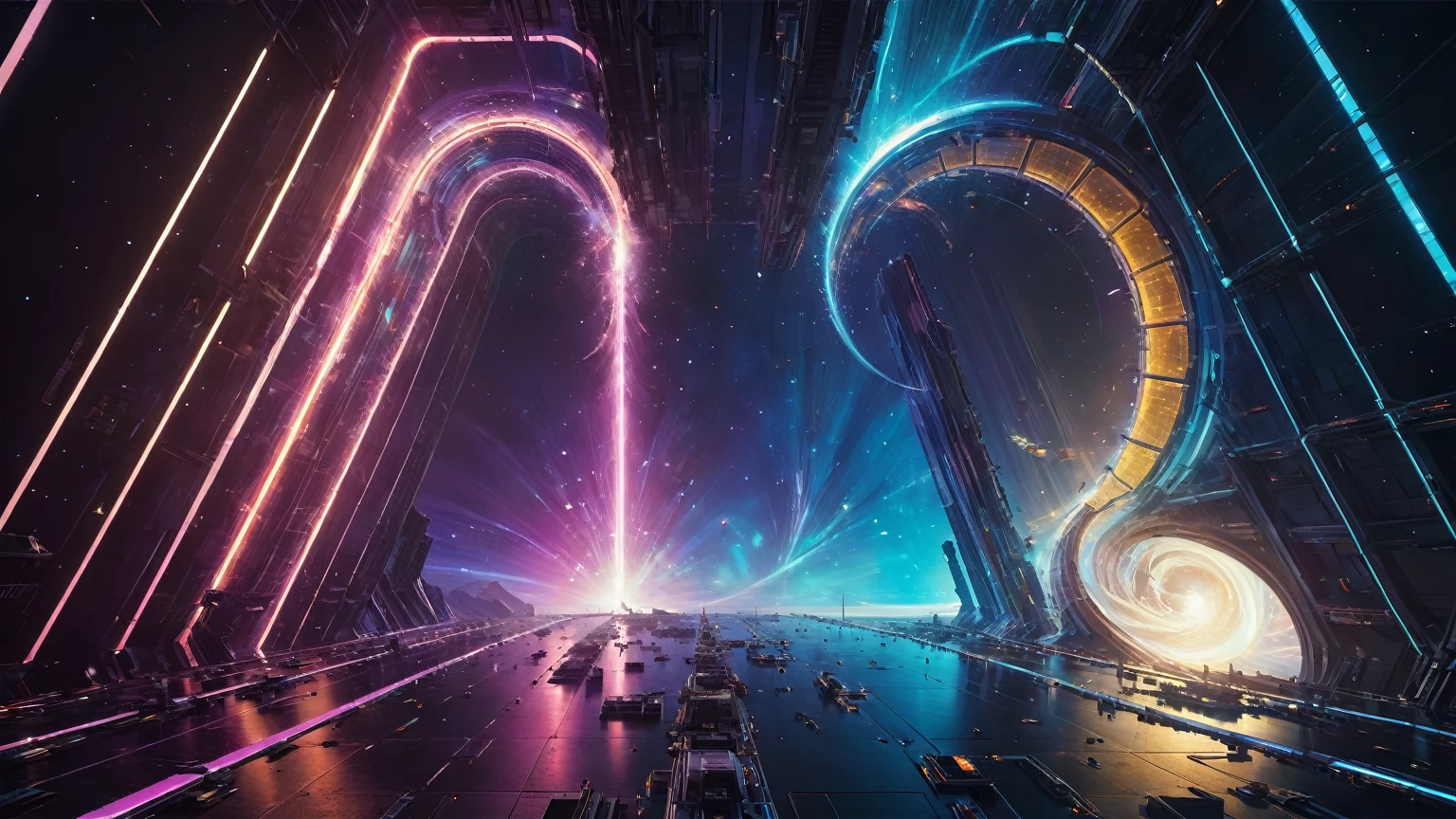 brightly colored abstract image of a space station with a spiral, epic beautiful space scifi, chaotic cinematic space rift, greg beeple, planets colliding, beeple and tim hildebrandt, beeple and jean giraud, end of the universe, galaxy space sci-fi, ringworld, by Mike "Beeple" Winkelmann. Matrix style, (((((Matrix cascading code))))), (((((a futuristic twin tower skyscraper with a unique twisted design))))), (((((OLED GUI interfaces in the building))))), at night, (((((1girl, solo))))), photo realistic, (((large-breast:1.2 slim body, cleavage))), (((off broken mini sling-shirt and black sling bra, extreamly short pleated miniskirt exposing panty))), (((((running pose))))), (((((matrix style black sunglasses))))), ((((((((((aiming with a short gun)))))))))), (((((looking at camera))))), (((very low view))), (((((half-body thigh level medium shot))))), (((cinematic lighting))).