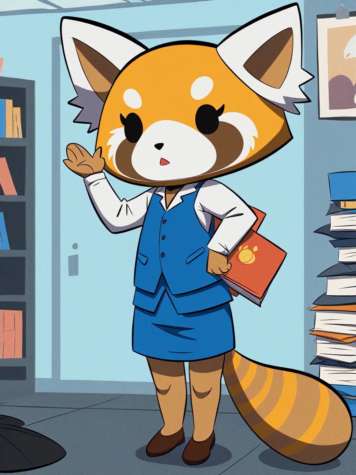 masterpiece, score_9, score_8_up, score_7_up, score_6_up, shiny skin, joao, joaoppereiraus, office, source_furry, source_anime,  2023, detailed face,  (absurd res:1.1), hi res, retsuko, dress shirt, black eyes,  photo of retusko