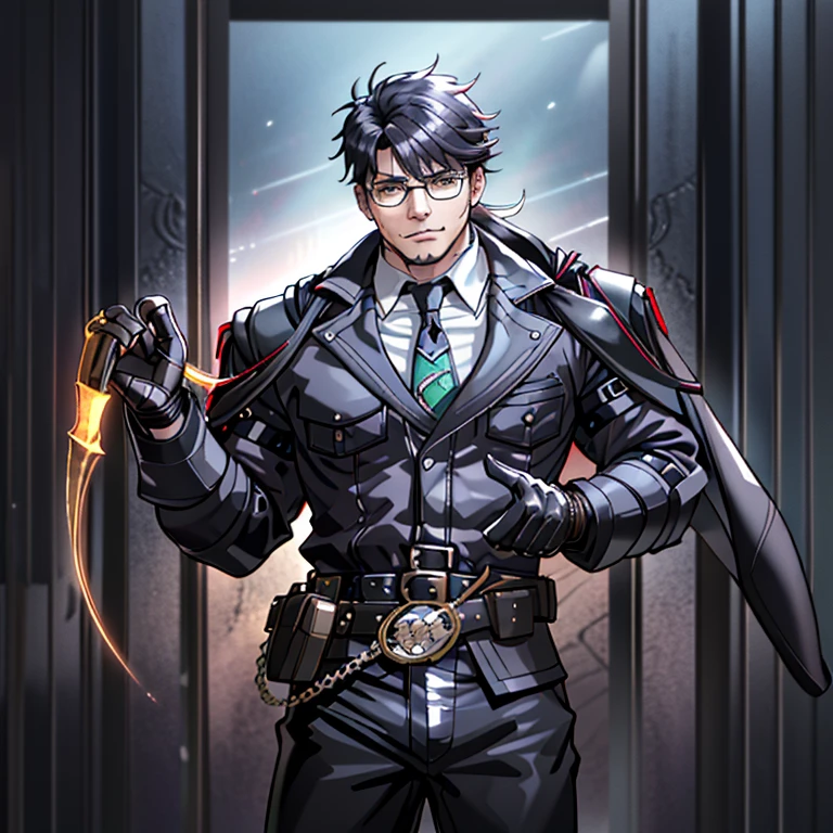 1boy, 16~20 years old, male focus, muscular male, nsfw, 3D, realistic, indoor, normal hue, central, golden ratio, sitting on the leather couch, sharp-featured body, tall, burly, highres, slender build, perfect anatomy, skin texture, thick dark buzzcut hair, see-through bangs, shallow eyebrow, symmetrical eyebrow, large bright eyes, symmetrical eyes, square gold-rimmed glasses, big straight nose, closed mouth, double-edged polearm, broad shoulders, noble attire, bdominal stretch, tight-fitting, leather collar, stand-up collared shirt, necktie, waistcoat, open thickened glossy dark leather jacket, six-pack abs, leather gloves, black trousers, leather belt, spreading long thin legs, large erect penis over 10 inches length and 3 inches width, erection, large scrotum with testicles, masturbation, high-heeled leather boots, soft smile, handsome, powerful, from front, looking ahead at viewer, day, masterpiece, best quality, hyper-detailed, intricate detail, professional photography, matte, bright, the most beautiful ever seen, post processing, dreamatic lighting, ambient lighting, epic composition, ultrawide shot, uplight, raytracing reflections, depth of field, gorgeous background