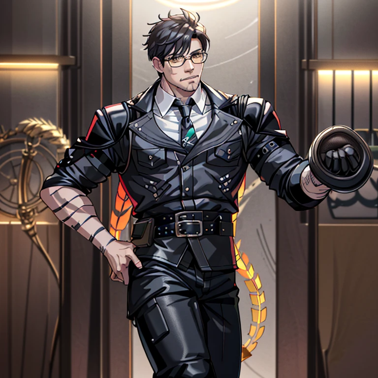 1boy, 16~20 years old, male focus, muscular male, nsfw, 3D, realistic, indoor, normal hue, central, golden ratio, sitting on the leather couch, sharp-featured body, tall, burly, highres, slender build, perfect anatomy, skin texture, thick dark buzzcut hair, see-through bangs, shallow eyebrow, symmetrical eyebrow, large bright eyes, symmetrical eyes, square gold-rimmed glasses, big straight nose, closed mouth, double-edged polearm, broad shoulders, noble attire, bdominal stretch, tight-fitting, leather collar, stand-up collared shirt, necktie, waistcoat, open thickened glossy dark leather jacket, six-pack abs, leather gloves, black trousers, leather belt, spreading long thin legs, large erect penis over 10 inches length and 3 inches width, erection, large scrotum with testicles, masturbation, high-heeled leather boots, soft smile, handsome, powerful, from front, looking ahead at viewer, day, masterpiece, best quality, hyper-detailed, intricate detail, professional photography, matte, bright, the most beautiful ever seen, post processing, dreamatic lighting, ambient lighting, epic composition, ultrawide shot, uplight, raytracing reflections, depth of field, gorgeous background
