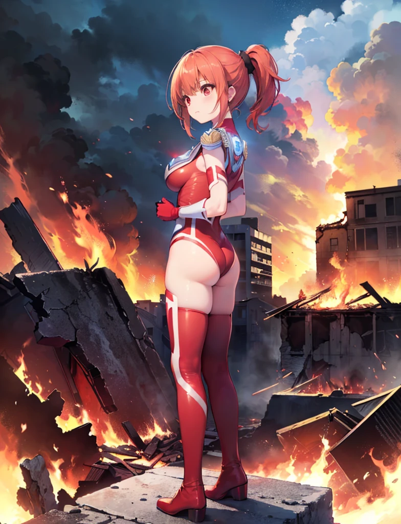 (Close-up:1.3),Realistic,highest quality, Ultra Detail, High-quality CG rendering, The most delicate and beautiful, Floating softly, High resolution, (1 giant girl), (Highest quality,4K,8K,masterpiece:1.2),(All red hair:1.5), (ponytail:1.5),(Red eyes:1.5), (Ultra Girl:1.0), (Red Ultraman bodysuit:1.4),(Do not expose your skin:1.5),(Slightly larger breasts:1.5),(Clenched Fist:1.2),(Place your hands in front of your chest:1.3),(Red gloves:1.3),(Red Shoes:1.3),(whole body:1.3),(Are standing:1.3),(A city engulfed in flames:1.3),(Buildings in flames:1.3),(Burning Ruins:1.3),(Turn your back to your audience:1.3),Butt