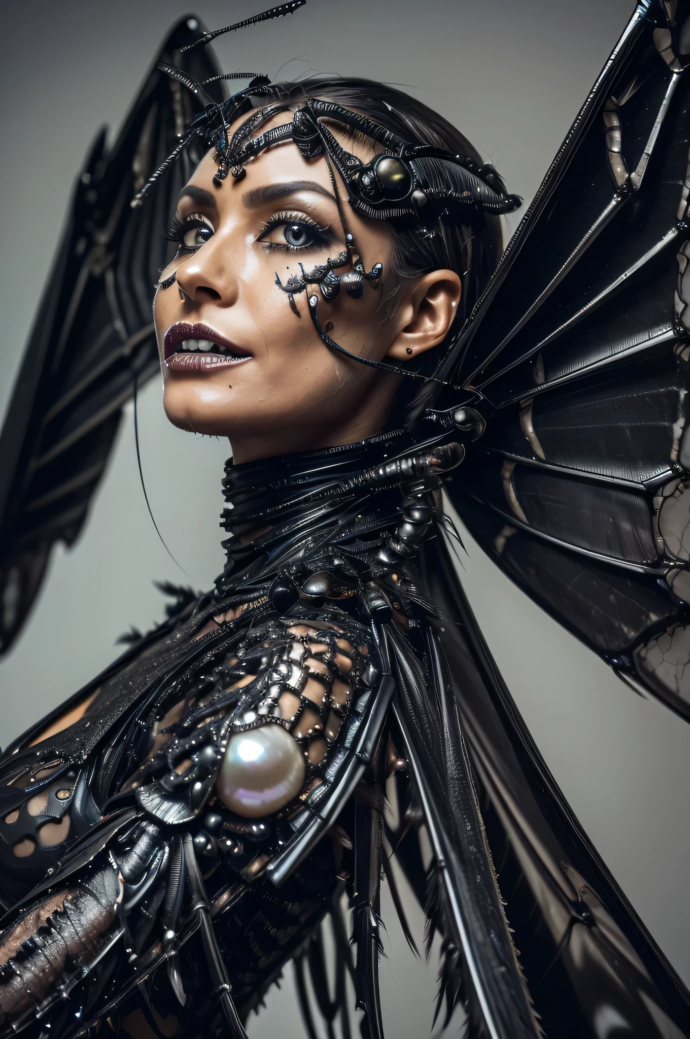 Woman,(wings),((black oil insectoid skin)), ((thin bat style skin with veins for wings)),((very detailed wings and eyes) ,((killer insect)),((hyperdetailed organic metal infused wings)), (broken parts),(open wires in skin) ,((hyperdetailed elaborate circuits)), ((pearl compound eyes)), ((epic space scenery)), ((evil and grotesquely built body and wings)),dripping black fluids. (scary metal teeth) metal insect hairs, dynamic angle shot, very artistic