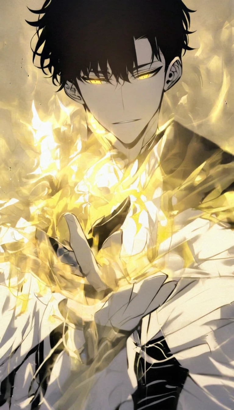 Handsome, alone, male, Short hair, Calm head, black hair, yellow eyes, white shirt, black pants, white coat, white flame,holding a katana in one hand, The blade glows yellow and white