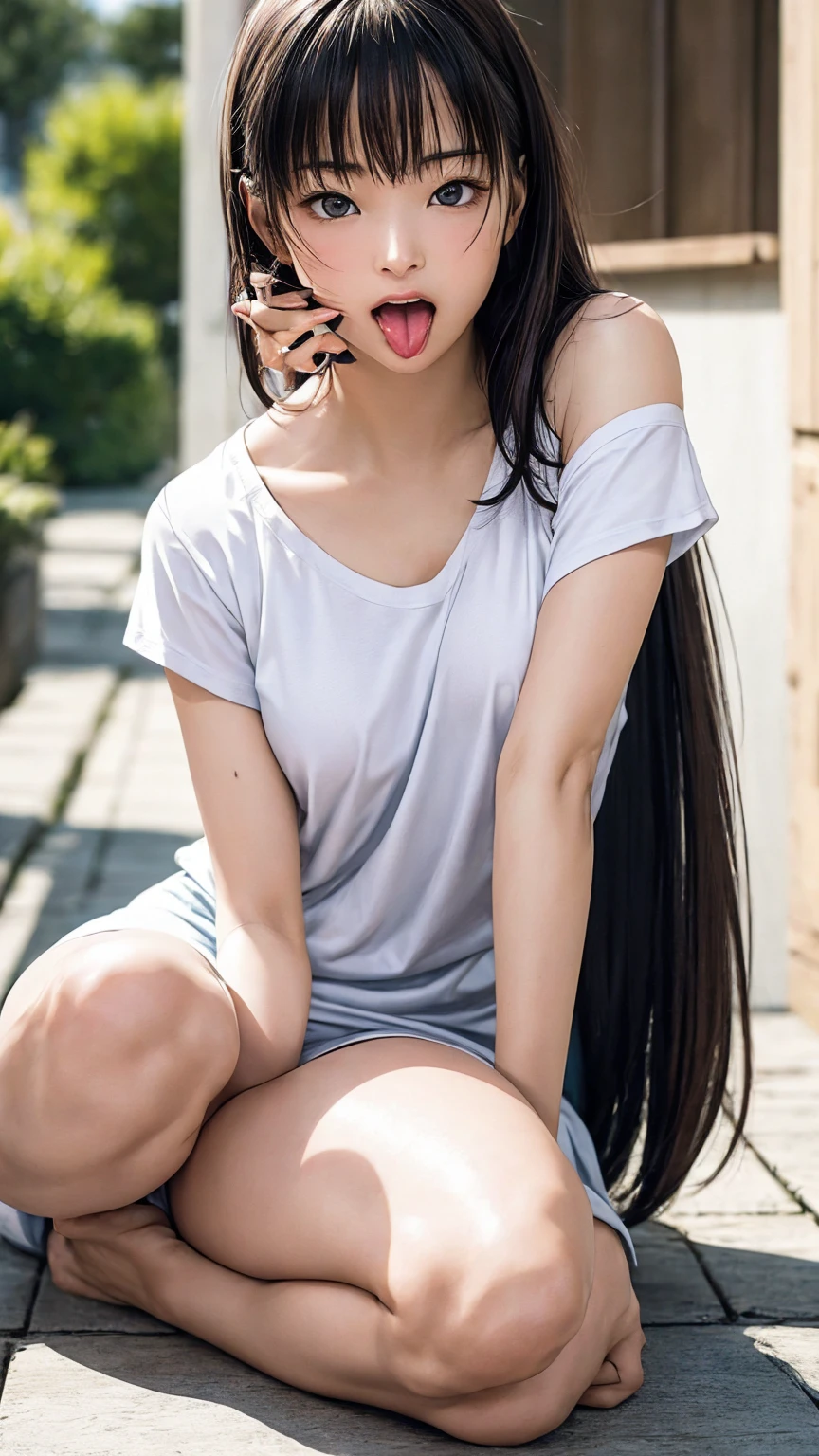 8K quality、High resolution、Realistic skin texture、High resolutionの瞳、woman、Off-the-shoulder T-shirt、Princess Hair、thin、リアルなwoman性器、Small breasts、Realistic tongue、Small breastsの谷間、Gray Hair、thin脚、Sweating profusely、Sweat accumulates in the chest、slouch、Reader model、Slender model figure、Bold Pose、、Stick out your tongue and lick your fingers、Thin lips、Sit with your legs wide open