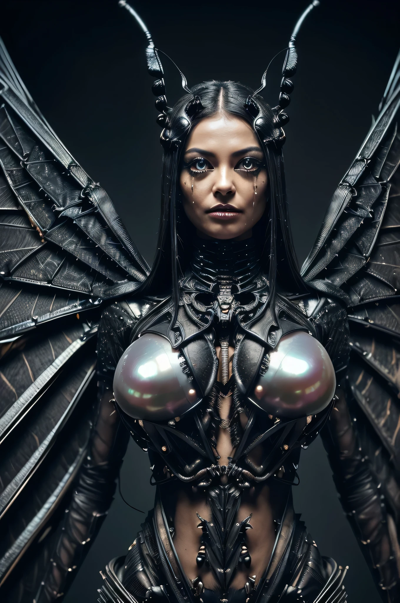 Woman,(wings),((black oil insectoid skin)), ((thin bat style skin with veins for wings)),((very detailed wings and eyes) ,((killer insect)),((hyperdetailed organic metal infused wings)), (broken parts),(open wires in skin) ,((hyperdetailed elaborate circuits)), ((pearl compound eyes)), ((epic space scenery)), ((evil and grotesquely built body and wings)),dripping black fluids. (scary metal teeth) metal insect hairs, dynamic angle shot, very artistic 