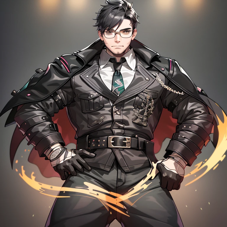 1boy, 16~20 years old, male focus, muscular male, nsfw, 3D, realistic, indoor, normal hue, central, golden ratio, sitting on the leather couch, sharp-featured body, tall, burly, highres, slender build, perfect anatomy, skin texture, thick dark buzzcut hair, see-through bangs, shallow eyebrow, symmetrical eyebrow, large bright eyes, symmetrical eyes, square gold-rimmed glasses, big straight nose, closed mouth, double-edged polearm, broad shoulders, noble attire, bdominal stretch, tight-fitting, leather collar, stand-up collared shirt, necktie, waistcoat, open thickened glossy dark leather jacket, six-pack abs, leather gloves, black trousers, leather belt, spreading long thin legs, large penis 10 inches length and 3 inches width, erection, rotum with testiasturbation, ed leather smile, handsome, powerful, from front, looking ahead at viewer, day, masterpiece, best quality, hyper-detailed, intricate detail, professional photography, matte, bright, the most beautiful ever seen, post processing, dreamatic lighting, ambient lighting, epic composition, ultrawide shot, uplight, raytracing reflections, depth of field, gorgeous background