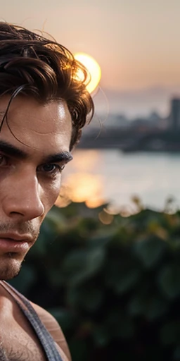 a muscular, attractive male, beautiful detailed eyes, beautiful detailed lips, extremely detailed eyes and face, long eyelashes, chiseled jawline, perfect skin, looking directly at the camera, confident pose, wearing a casual outfit, in a natural setting with a warm sunset lighting, photorealistic, highly detailed, 8k, cinematic lighting, warm color tones, dramatic, captivating
