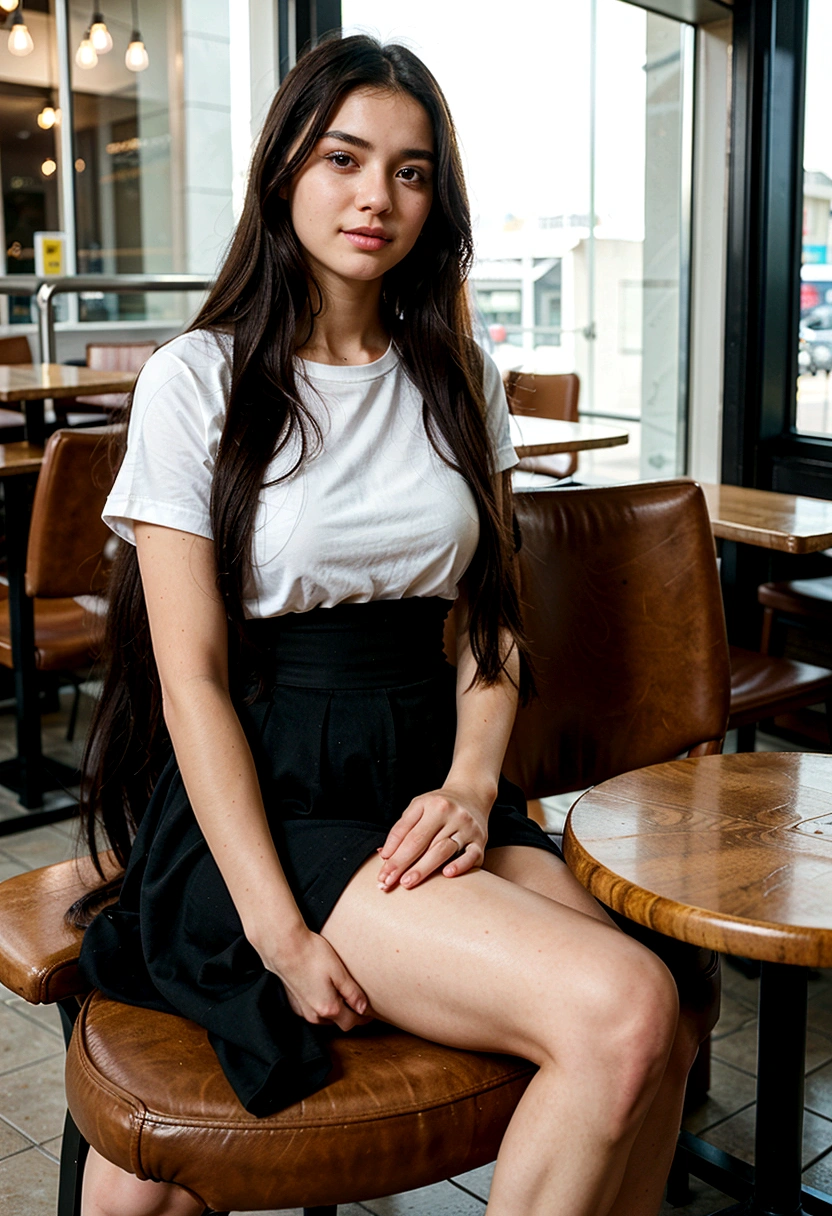 generate me a beautiful 18 year old girl with long black hair sitting in a cafe taken with an iphone 15 pro max camera