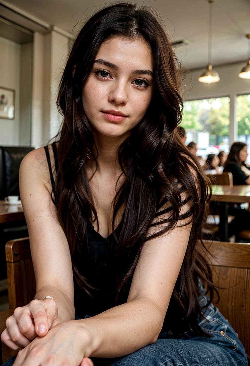 generate me a beautiful 18 year old girl with long black hair sitting in a cafe taken with an iphone 15 pro max camera  