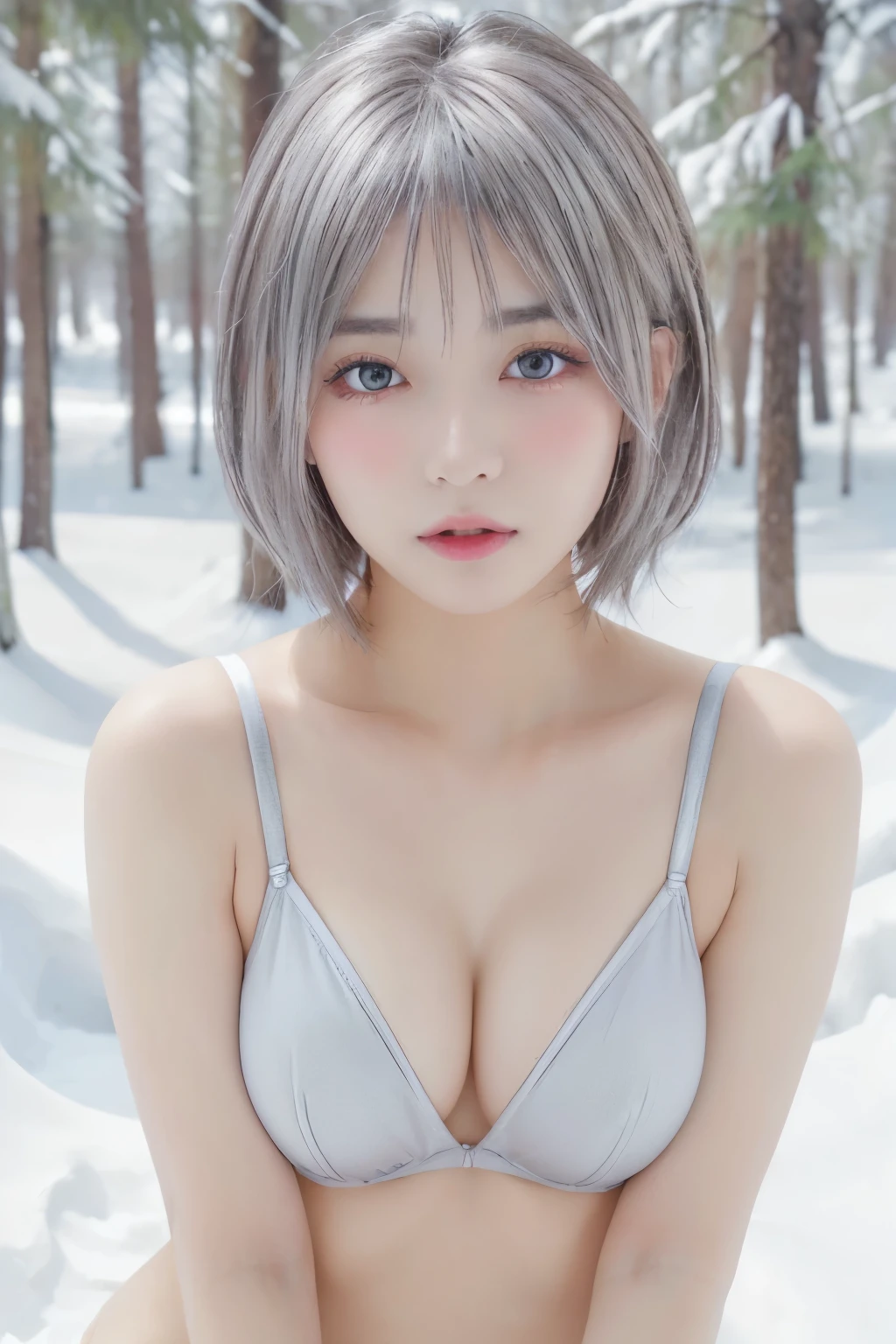 10 years old,girl、(Bunny ears headband)。(Random Nudes)，Exhibitionism，((Random exposure of genitals))。　Beautiful areola。Small breasts. Thin Hair。(On a snowy mountain covered in snow). Bokeh Background。((Light blonde hair))。(round face). ((Short Bob Hair)). 可愛いsmile. Idol&#39;s face. Smooth Hair. Thin Hair. White skin. Full body photo. fun,smile. 