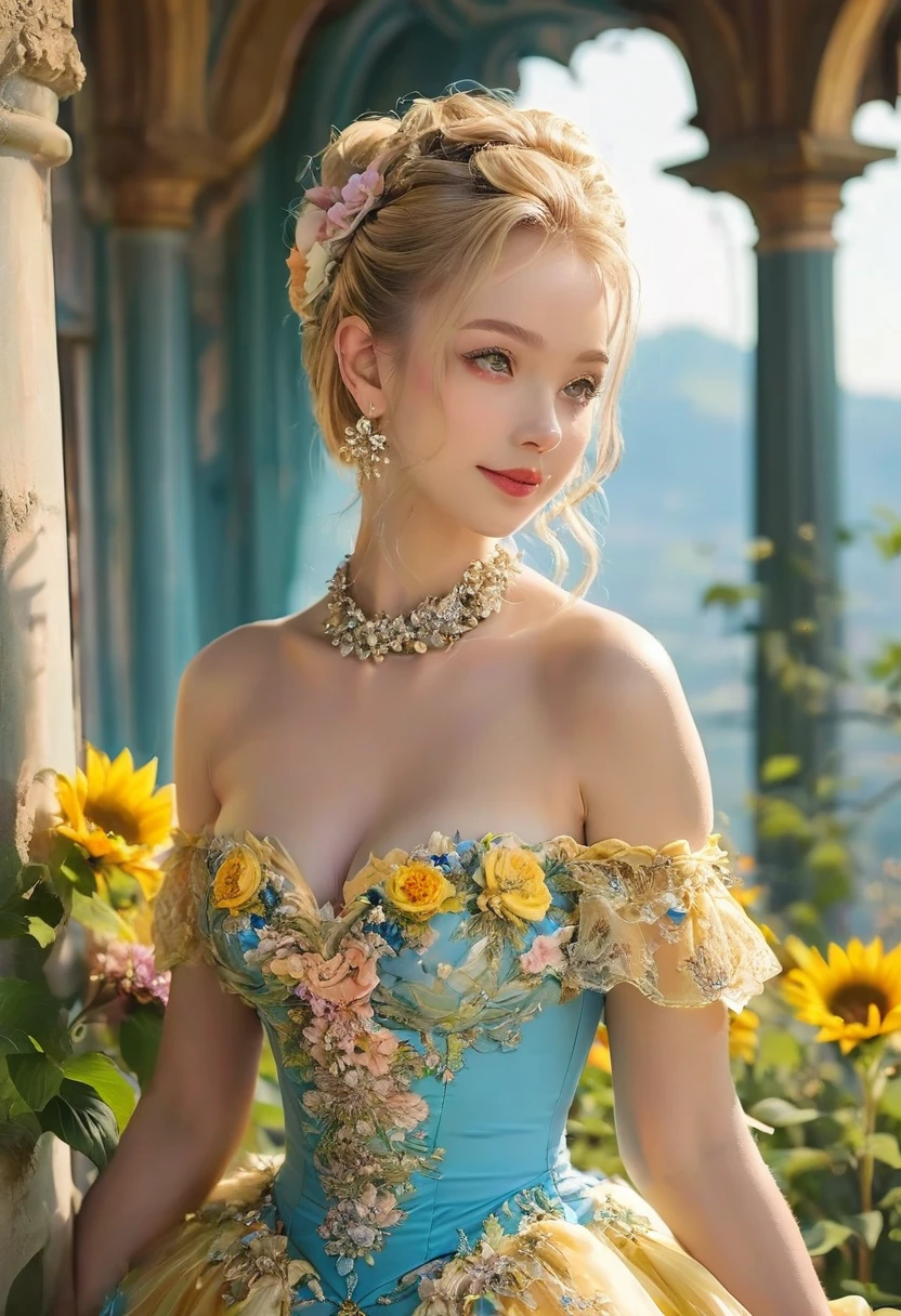 (((masterpiece face))), (((perfect face))), (beautiful face))), porcelain skin, pale skin, blonde hair, very long ponytail, French braid through ponytail, big tits, massive tits, huge , smile, debutante dress, debutante gown,  bimbo, necklace, ((pastel yellow dress)), choker, flowers, flower on dress, focus on chest, flowers in hair, massive dress, huge dress, big smile, strapless, skin tight bra, head tilted up, latex bra, crystal necklace, sunflowers, surrounded by flowers, opera gloves, evening gloves, long gloves, elbow gloves, outside, perfect blue sky, castle in background, flower wreath on head, freckles, earrings, flowers in hair, filigree, cinched Décolletage neckline, massive neckline, filigree on bust, filigree on dress bust, bust on dress very detailed, (((holding parasol))),