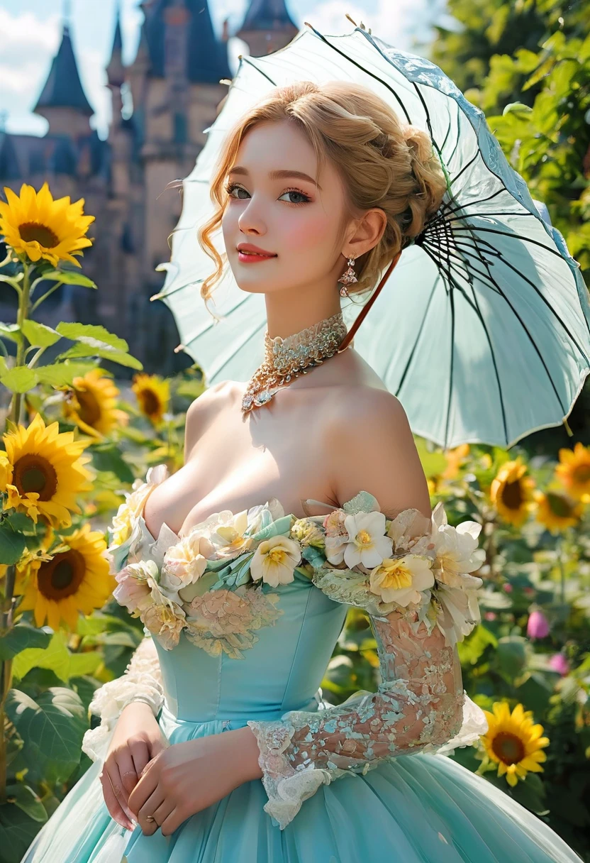 (((masterpiece face))), (((perfect face))), (beautiful face))), porcelain skin, pale skin, blonde hair, very long ponytail, French braid through ponytail, big tits, massive tits, huge , smile, debutante dress, debutante gown, bimbo, necklace, ((pastel yellow dress)), choker, flowers, flower on dress, focus on chest, flowers in hair, massive dress, huge dress, big smile, strapless, skin tight bra, head tilted up, latex bra, crystal necklace, sunflowers, surrounded by flowers, opera gloves, evening gloves, long gloves, elbow gloves, outside, perfect blue sky, castle in background, flower wreath on head, freckles, earrings, flowers in hair, filigree, cinched Décolletage neckline, massive neckline, filigree on bust, filigree on dress bust, bust on dress very detailed, (((holding parasol))),