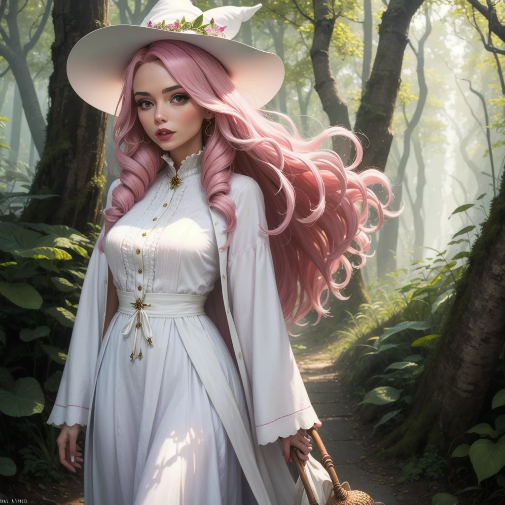 make a woman, with pink hair and white clothes like a nature witch