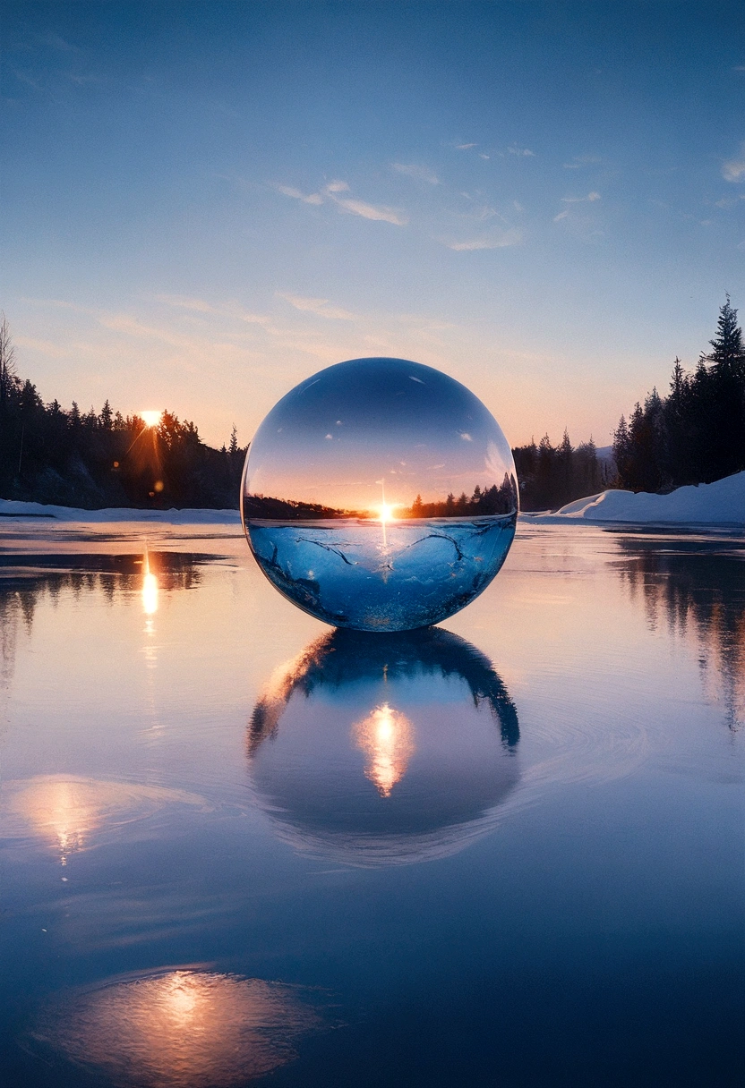 (A glass sphere depicting a soft winter sky over a frozen lake:1.2), (Silk glass sphere 1.1), Landscape Photography, Unsplash, Extremely detailed, High detail, Analog Film, Analog Lighting, nature光, 4k photos, 8k photos, ハイパーrealism, Impressionism, Romanticism, Conceptual Art, Surrealism, realism, Cinema Lighting, Shine, Shine光, God&#39;s Rays, Ray Tracing, reflected light, bloom, Film Grain, Optical illusion, Lens flare, Caustics, Exposure, Bokeh, 超High resolution, masterpiece, Super detailed, Attention to detail, high quality, Awards, 最high quality, High resolution, 16k, 8k, 4K, nature