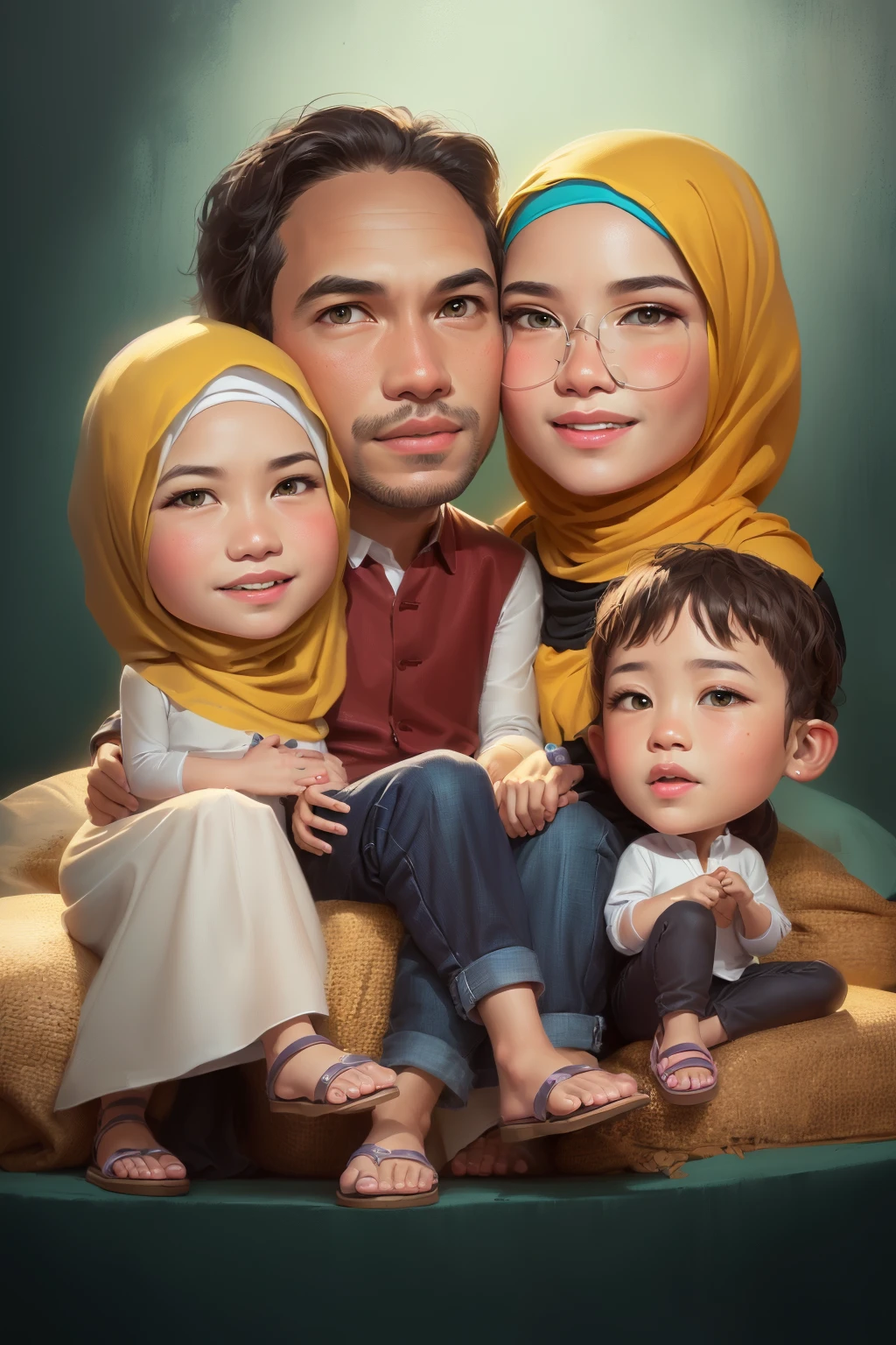 arafed family portrait with a father and a mother hijab and two children, Women wear hijab, and Muslim clothing, Wearing shoes and sandals, cartoon digital art, cartoon artstyle, digital art cartoon, in cartoon style, realism artstyle, cartoon art style, cartoon art, potrait, cartoon digital painting, caricature illustration, cartoon style illustration, an indonesian family portrait, happy family, digital cartoon painting art, cartoon portrait, family portrait