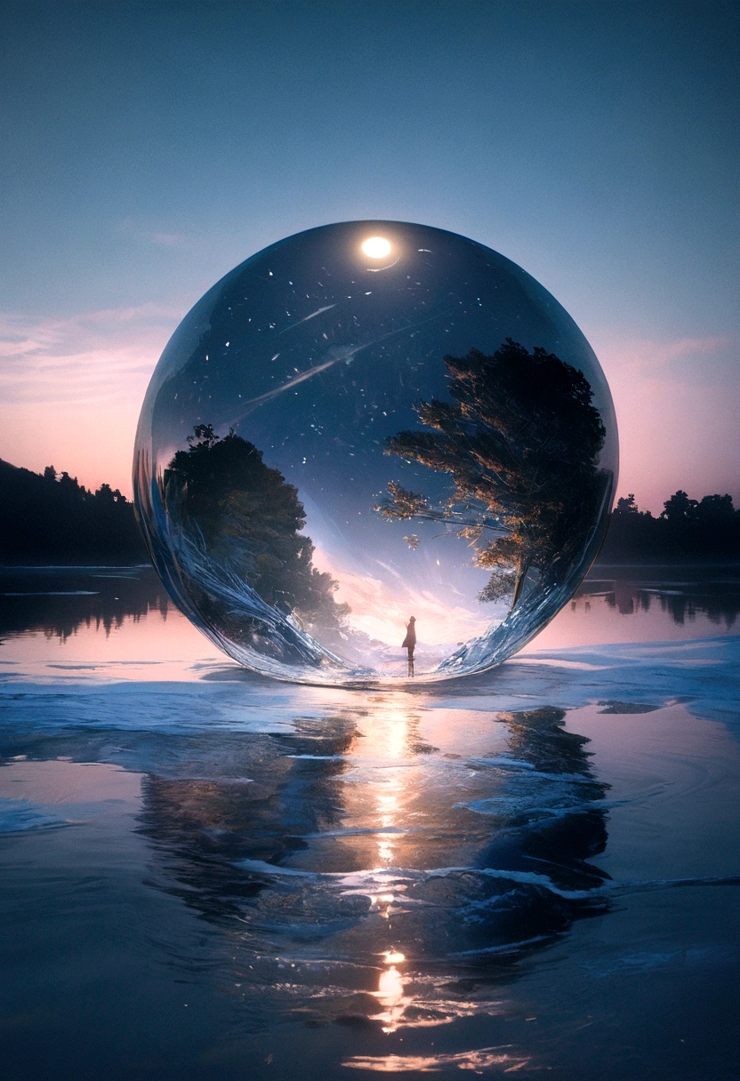 (A glass sphere depicting a soft winter sky over a frozen lake:1.2), (Silk glass sphere 1.1), Landscape Photography, Unsplash, Extremely detailed, High detail, Analog Film, Analog Lighting, nature光, 4k photos, 8k photos, ハイパーrealism, Impressionism, Romanticism, Conceptual Art, Surrealism, realism, Cinema Lighting, Shine, Shine光, God's Rays, Ray Tracing, reflected light, bloom, Film Grain, Optical illusion, Lens flare, Caustics, Exposure, Bokeh, 超High resolution, masterpiece, Super detailed, Attention to detail, high quality, Awards, 最high quality, High resolution, 16k, 8k, 4K, nature