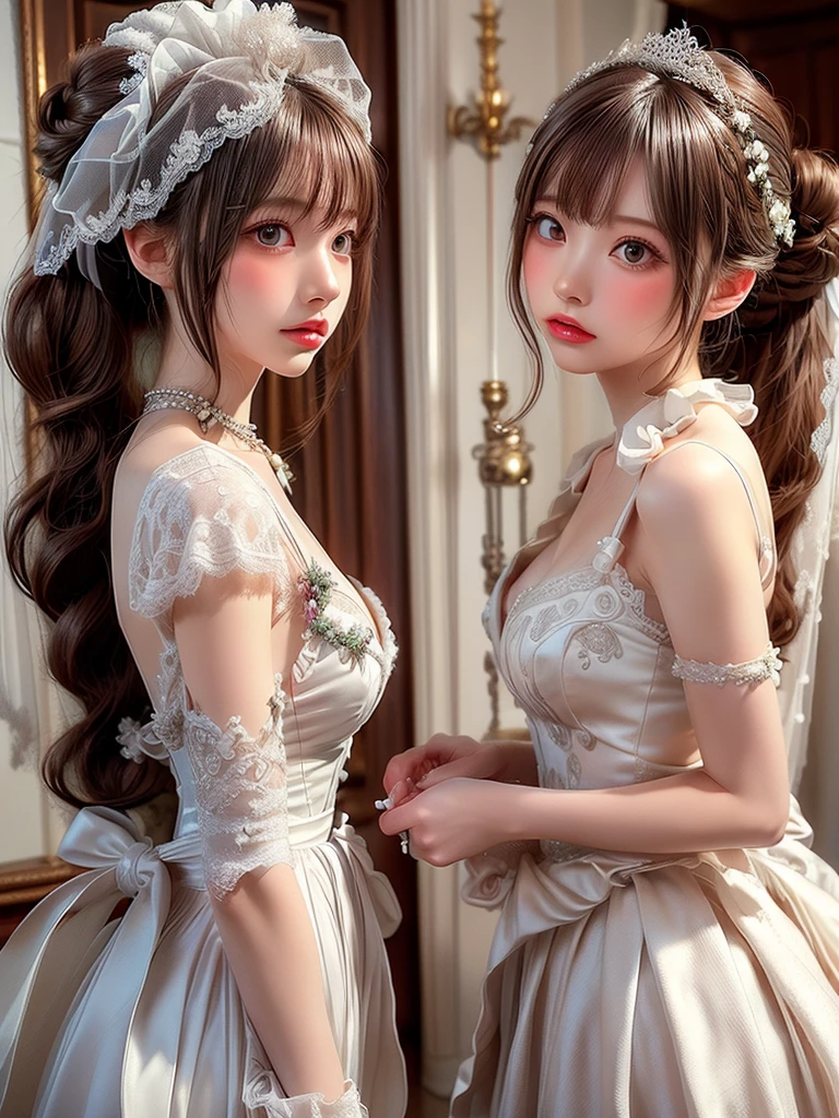 ((highest quality)),(超A high resolution),(Very detailed),(Detailed Description),((The best CG)),(masterpiece),Very detailedなアート、Small breasts、Whitening 1.5、Clear skin quality、(((Full upper body nude 1.5)))、Racing High Leg、Ribbon hair ornament、(((Twin Tail Hairstyle 1.5)))Tying up hair、(((Bun hair 1.5)))、Glitter Necklace、Ultimate Beauty 1.5(((Wedding Dress 1.5)))、(((Sheer 1.2)))