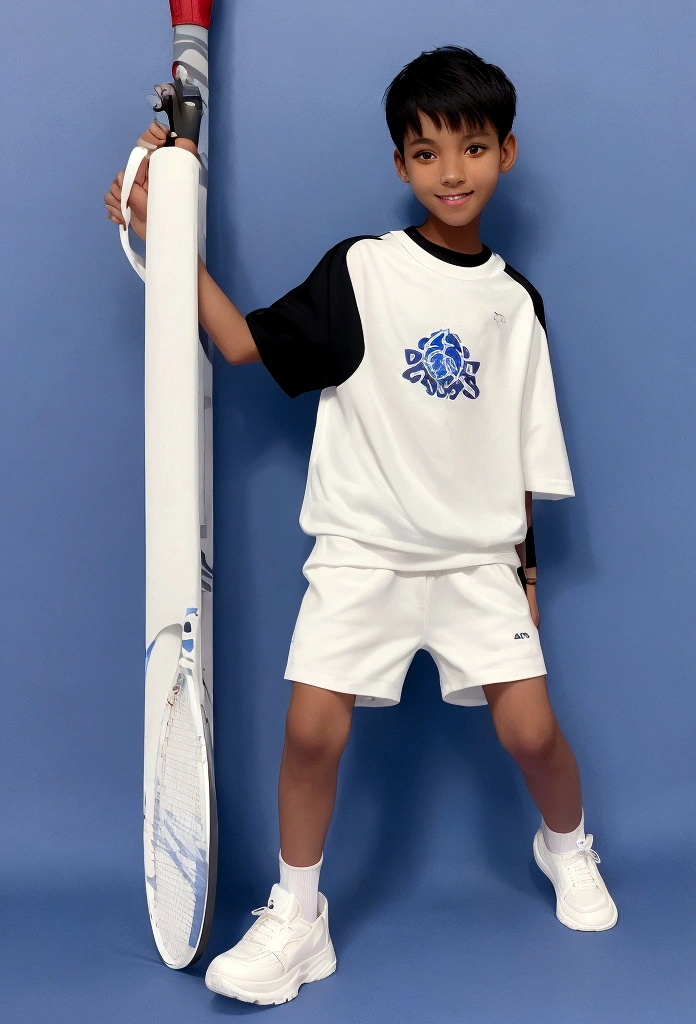  boy，（Wearing white tennis clothes，Wearing black socks），Dark skin，Big round eyes，Very short hair，Tall and skinny，Toothy Smile，Sharpen details，Knee muscle lines，Blue Background