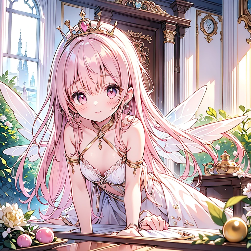 1girl、The best composition、(((Best Quality、最高masterpiece、Official Art、Dynamic composition、Ultra-detailed eyes、Fine hair)))、(Exquisite, beautiful, Very detailed, masterpiece, High resolution,high quality,High resolution),(Well-formed face,Soft and thin lines: 1.2, beautiful, Delicate and vivid illustrations with a mature and clear feel), Lots of beautiful and delicious looking chocolates,A chocolate-winged fairy is floating in the air holding a large silver fork with a Happy smile on his face,Chocolate motif ball gown dress, Race, Ruffles and ribbons, fluffy, Black and white tones on a dark brown base.,Chocolate Tiara,neckRace,Earrings,bRacelet,chocolate fairy wings,(Short eyebrows,Pale pink blush, Plump pink lips,beautiful目,Quite large and fluffy bust,Open chest,Fair skin, Good style,Knee-high with Race,),Happy,smile,Melted chocolate,Chocolate cake,truffle chocolate,chocolate bar,Pocky,chocolate cookies,Bright colors,Eye-catching colors,Dynamic Angle,Cute Dream,