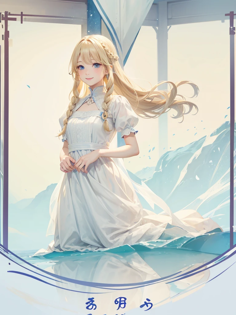 Blonde Hair、blue eyes、girl、Lady、Braiding、I have long hair。、girl、White dress、smile、Vertical Roll、Drill Hair、Wavy Hair、Sitting、palace、reservoir