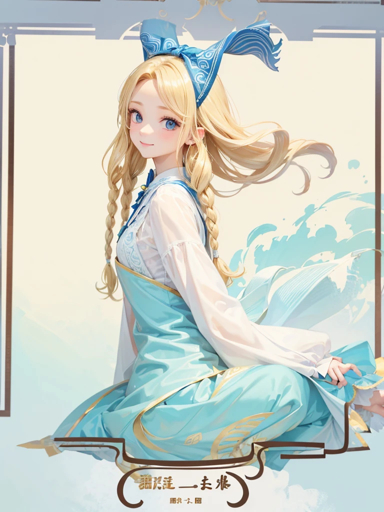 Blonde Hair、blue eyes、girl、Lady、Braiding、I have long hair。、girl、White dress、smile、Vertical Roll、Drill Hair、Wavy Hair、Sitting、palace、reservoir