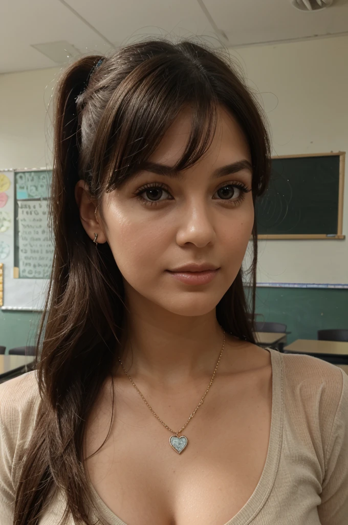 1girl in, 30 years old, Square face, Long hair, Looking at viewer, jewelry, Realistic, Sexy, teacher outfit, classroom background, free pose