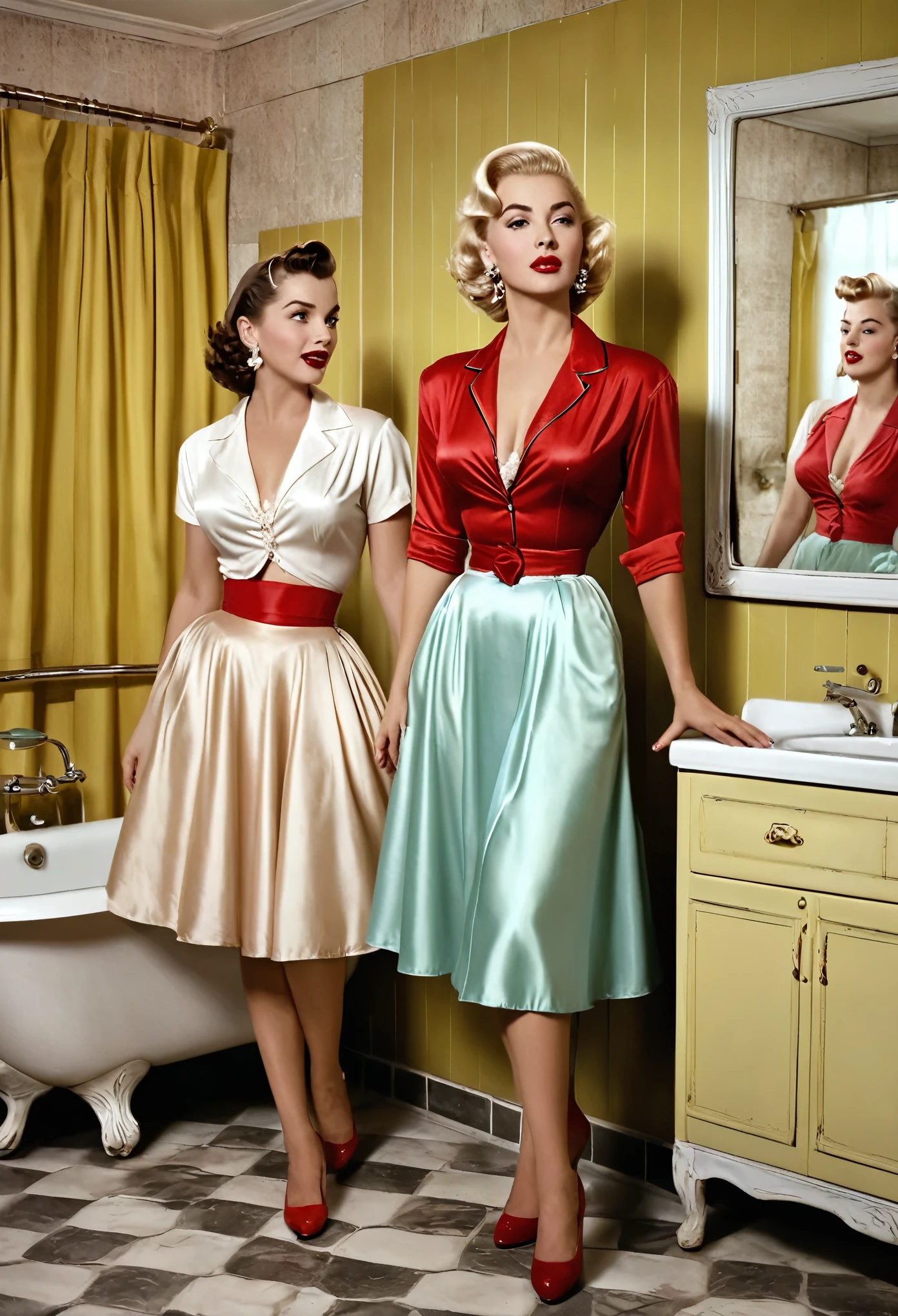 (RAW, Best quality, high resolution, Masterpiece: 1.3), Beautiful scene from the 1950s, ((Hombres y mujeres de los 50s)), ((With typical clothes from the 50s)), enjoying themselves at home in a luxuary bathroom, ((scenery set in a very big bathroom)), 1950s cinematic, image super defined, ((Personas y lugar Hiperrealismo)), 8k. The scene transports us back to the era of the 1950s, filled with classy women dressed in the fashion of that time. white silk, They are gathered around a nude blonde woman,the girls are wearing typical clothes from the 50s, low cut dresses, and sexy red underwear,