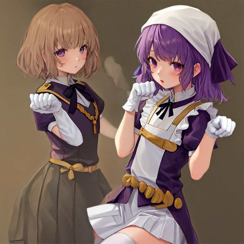 masterpiece, best quality, PP, paw pose, hoshikawa mafuyu, 1girl, black ribbon, eyelashes, flat chest, head scarf, hair ribbon, purple eyes, short hair, white apron, ((white gloves)), white thighhighs, skirt, stile uniform, yellow skirt