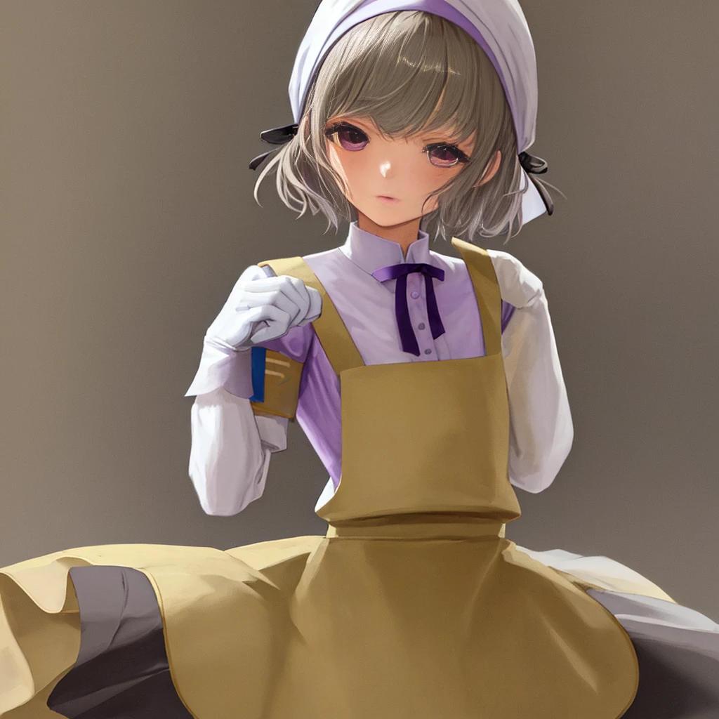 masterpiece, best quality, PP, paw pose, hoshikawa mafuyu, 1girl, black ribbon, eyelashes, flat chest, head scarf, hair ribbon, purple eyes, short hair, white apron, ((white gloves)), white thighhighs, skirt, stile uniform, yellow skirt